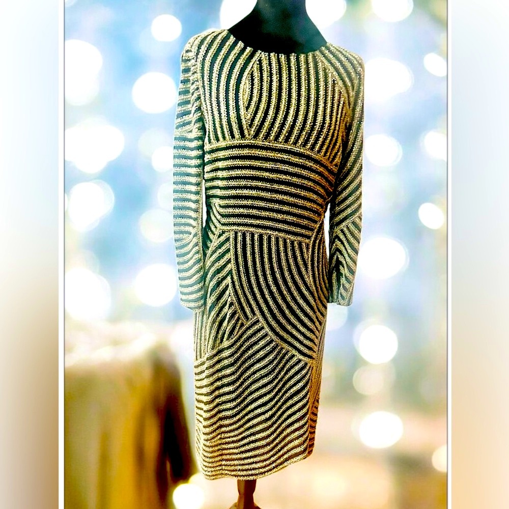 Armani Collezioni Deco Gold and Black Beaded Dress 6-8